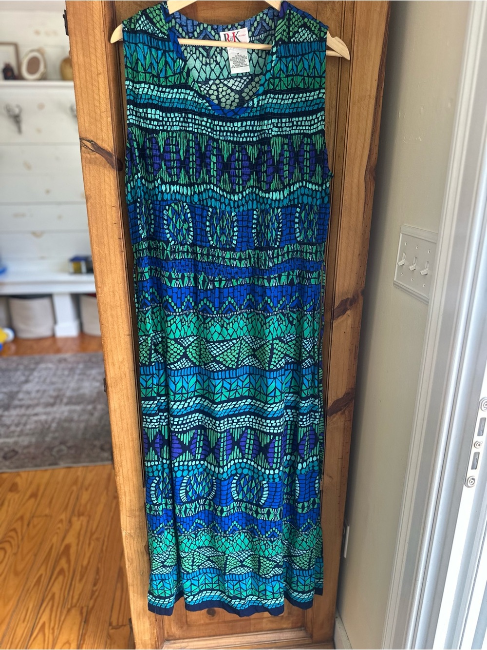 Vintage R&K Sleeveless Maxi Dress in Blue & Green Geometric Print Size 14